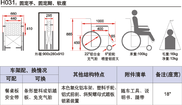 鱼跃轮椅车 H031 技术参数