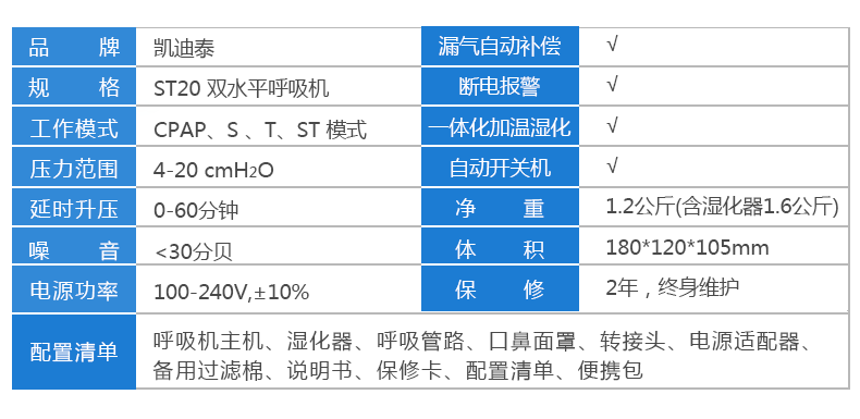 凯迪泰呼吸机 ST20 全自动双水平呼吸机 慢阻肺心病二氧化碳潴留