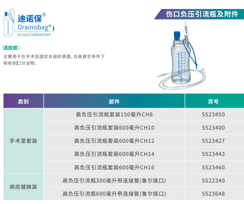 德国贝朗 迪诺保Drainobag  伤口负压引流瓶 高负压引流瓶套装 规格型号参数